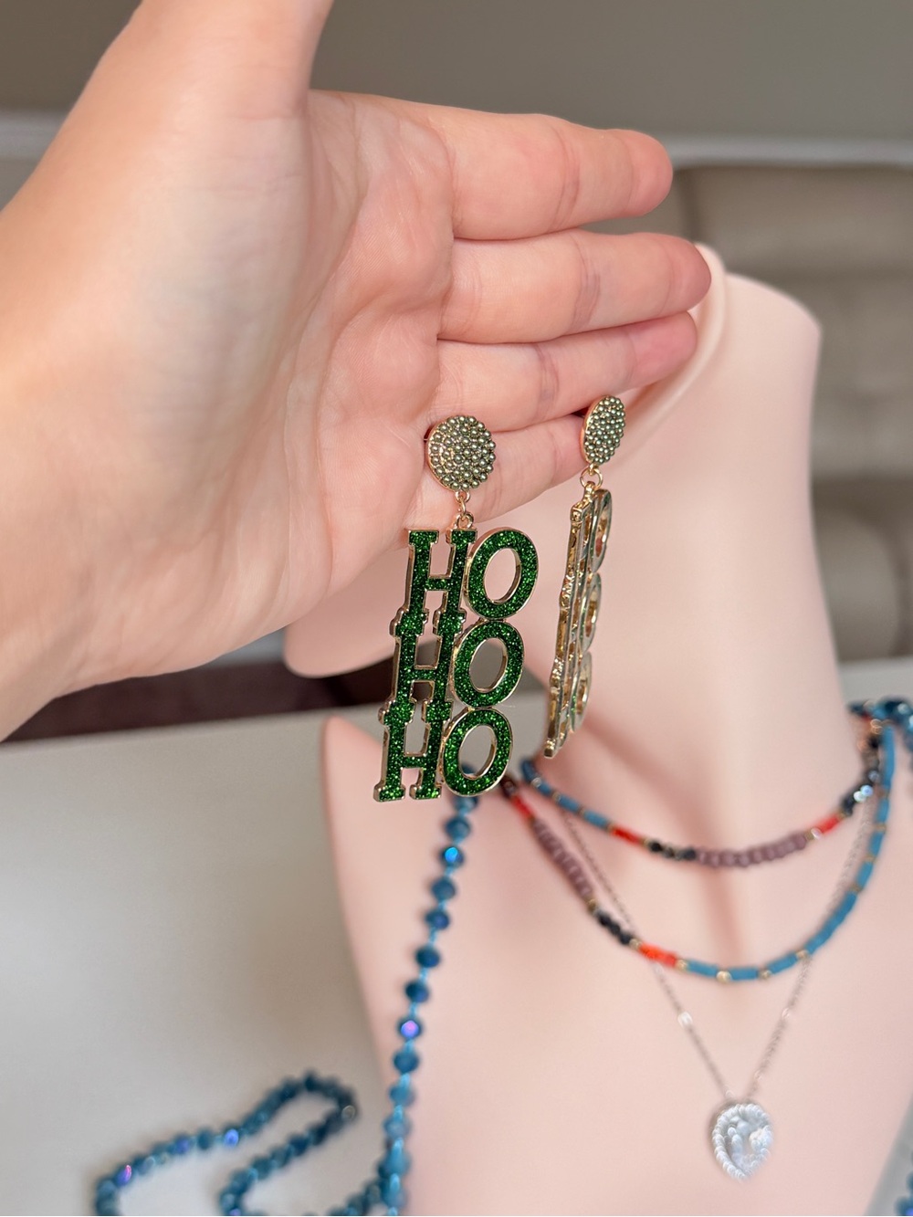 Holiday "HO HO HO" Green Drop Earrings - Picture 9 of 9
